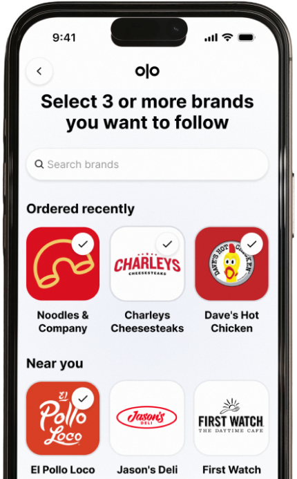 A mobile app screen asks users to select three or more brands to follow, showing restaurant logos for recently ordered and nearby eateries.