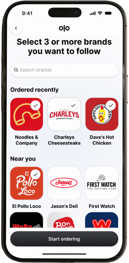 A food-ordering app screen asks users to select at least three brands to follow, showing restaurant logos in the “Ordered recently” and “Near you” lists.