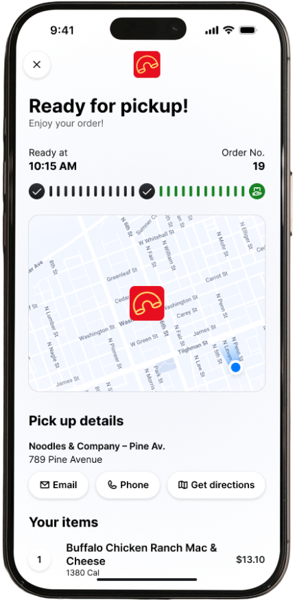Mobile food-order pickup screen shows “Ready for pickup,” a map, pickup details for Noodles & Company, and a Buffalo Chicken Ranch Mac & Cheese order