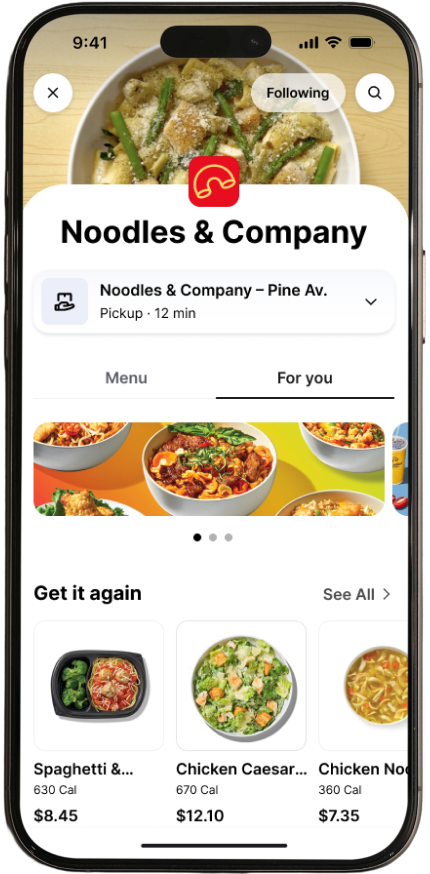 A smartphone screen displays a Noodles & Company ordering page with pasta photos, menu tabs, and repeat-order meal cards